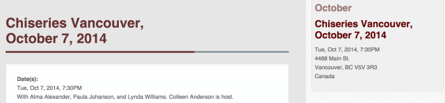 Lynda Williams reading in Chiseries Vanvouce Oct 1, 2014